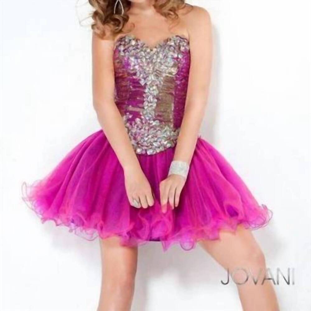 NEW JOVANI strapless short prom dress in fuchsia